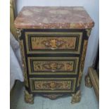 BEDSIDE CHESTS, a pair, en suite with previous lot, each with marble top above three drawers,