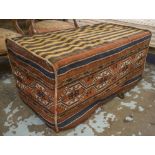 TENT BAG STOOL, antique Turkoman, of rectangular form with striped top,