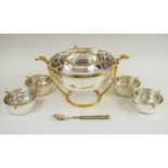FRENCH CAVIAR SET, silver plate with gilt detail and glass bowls (rim to one with chip).