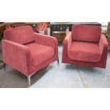 ARMCHAIRS BY SEGIS, a pair, in raspberry plush velvet and polished aluminium frame support, 77cm W.