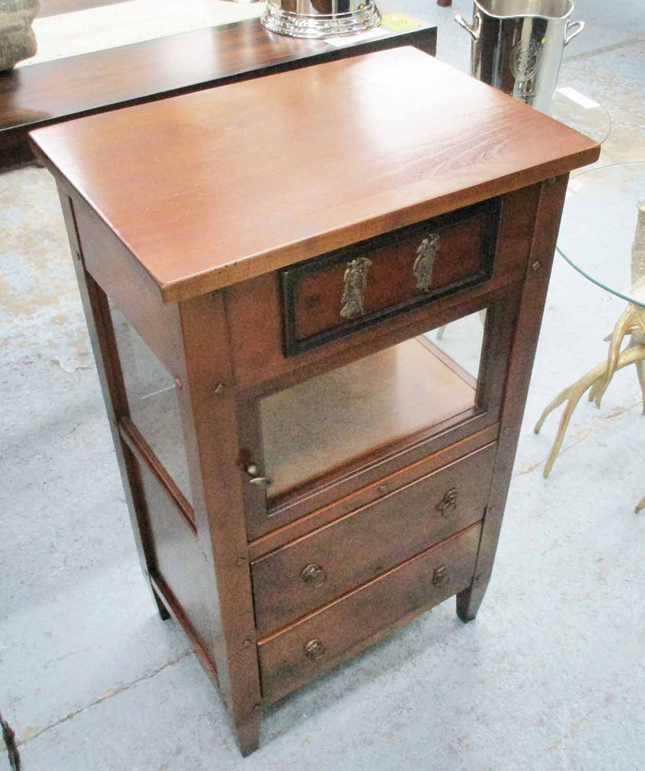 ROCHE BOBOIS SIDE TABLE, fruitwood with three drawers and cupboard below on square supports,