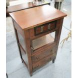 ROCHE BOBOIS SIDE TABLE, fruitwood with three drawers and cupboard below on square supports,