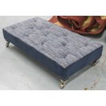 HEARTH STOOL, rectangular, in buttoned striped and blue velvet fabric, on brushed aluminium castors,