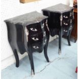 PETITE COMMODES, a pair, Louis XV style in contemporary black lacquered finish, 74cm H.