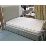 DOUBLE BED, 5ft, in light green fabric with headboard and mattress.