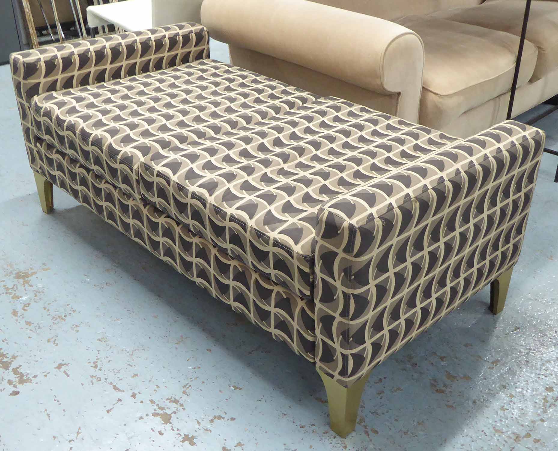 DAYBED LOW RIDER BENCH, contemporary geometric patterned fabric with two cushions,