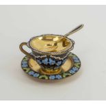 RUSSIAN SILVER GILT AND ENAMEL TEA CUP, plus saucer, tea spoon and dish.