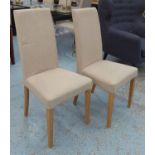 DINING CHAIRS, a set of six, high back in beige fabric on square supports, 47cm W.