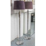 STANDING LAMPS, a pair, chrome with purple velvet shades, 156cm H x 39cm W overall.