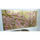 PANEL SET, sakura cherry blossom with gold leaf back, four panels, each 50cm x 100cm.