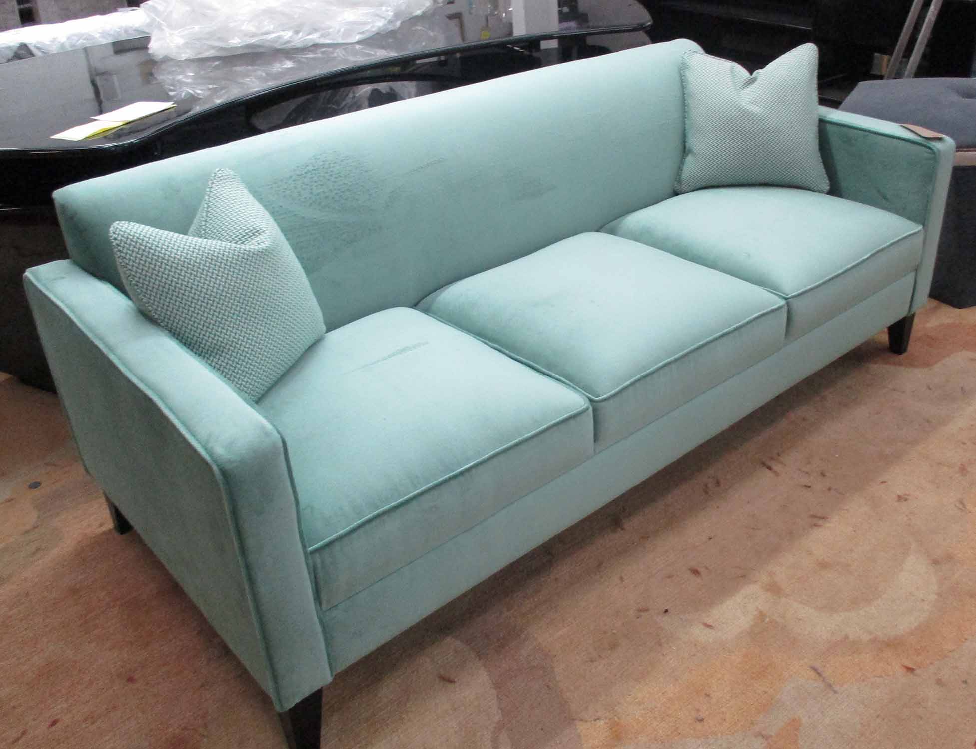 SOFA, three seater, in green velvet on square supports, with a pair of scatter cushions, 192cm L. - Image 2 of 2