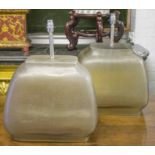 LAMPS, a pair, glass vessels with combed finish and sepia glass,