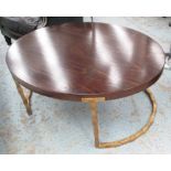 PORTA ROMANA LOW TABLE, oval wooden top, on a brass effect metal base, 106cm L x 89cm D x 45cm H.