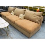 SOFA, silk and faux suede, with large scatter cushions, 290cm W.