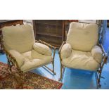 ARMCHAIRS, a pair, painted metal faux bamboo with cream fabric cushion upholstery,