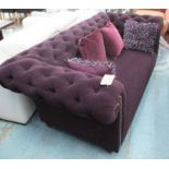 CHESTERFIELD SOFA, two seater, purple fabric, 200cm L and four scatter cushions.