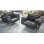 ARMCHAIRS, a pair, Bauhaus style black leather and chromium framed, 110cm W.