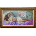 VALERI SHISHKIN (Russian) 'Reclining beauty', oil on canvas, signed lower right, 40cm x 80cm,