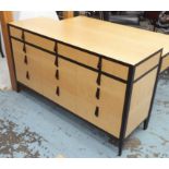 CHEST OF TWELVE DRAWERS, satinwood with ebonised frame on square supports, 145cm x 45cm x 83cm H.