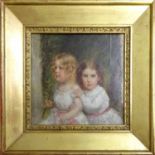 FRENCH SCHOOL 'Two young girls', oil on canvas laid on board, 19.5cm x 21cm, framed.