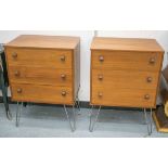 CHESTS, a pair, 1970s Norwegian style, teak, each with three drawers and splayed metal supports,