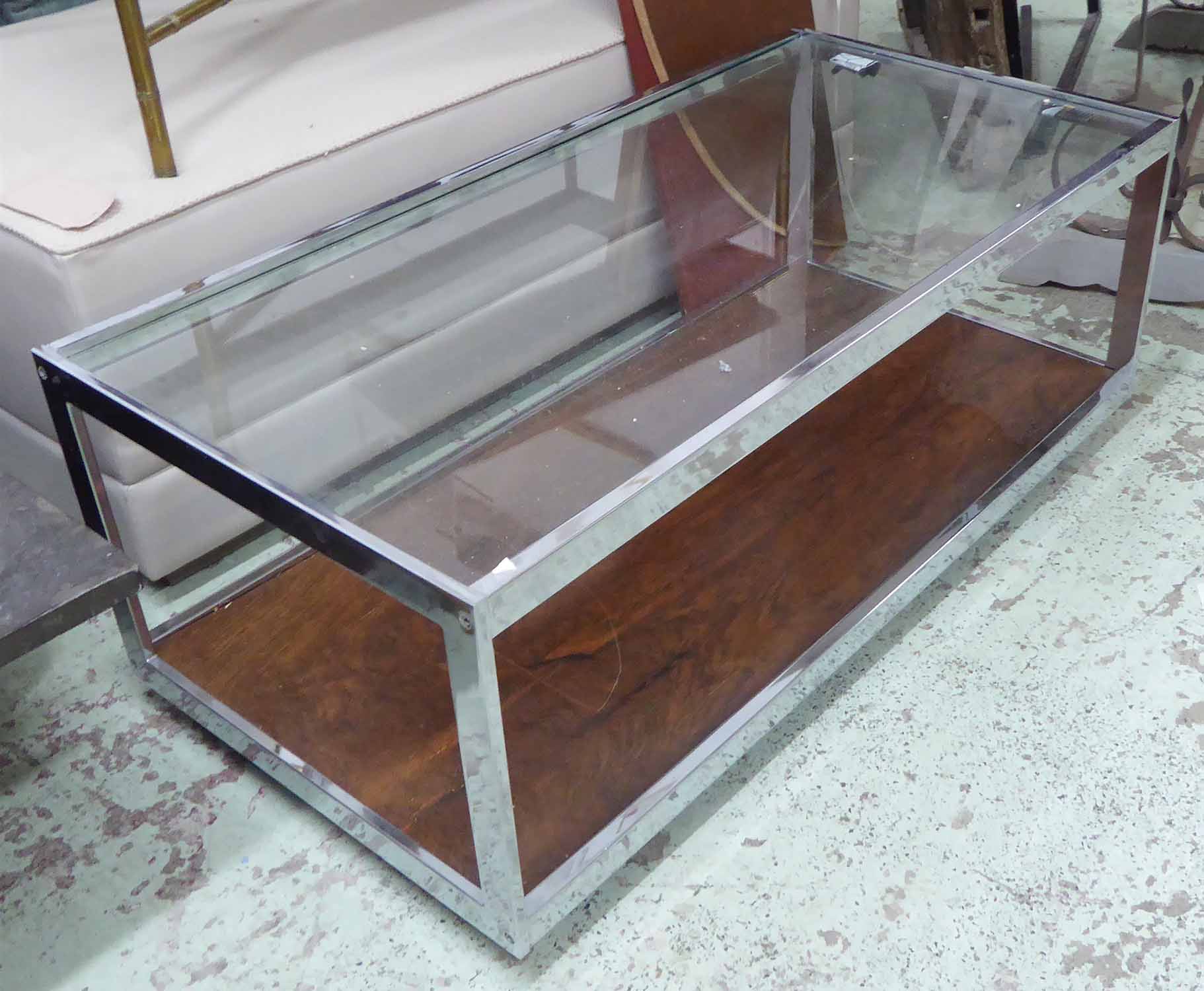 MERROW ASSOCIATES LOW TABLE, vintage 1960s, chrome with rosewood base and glass top, 110.