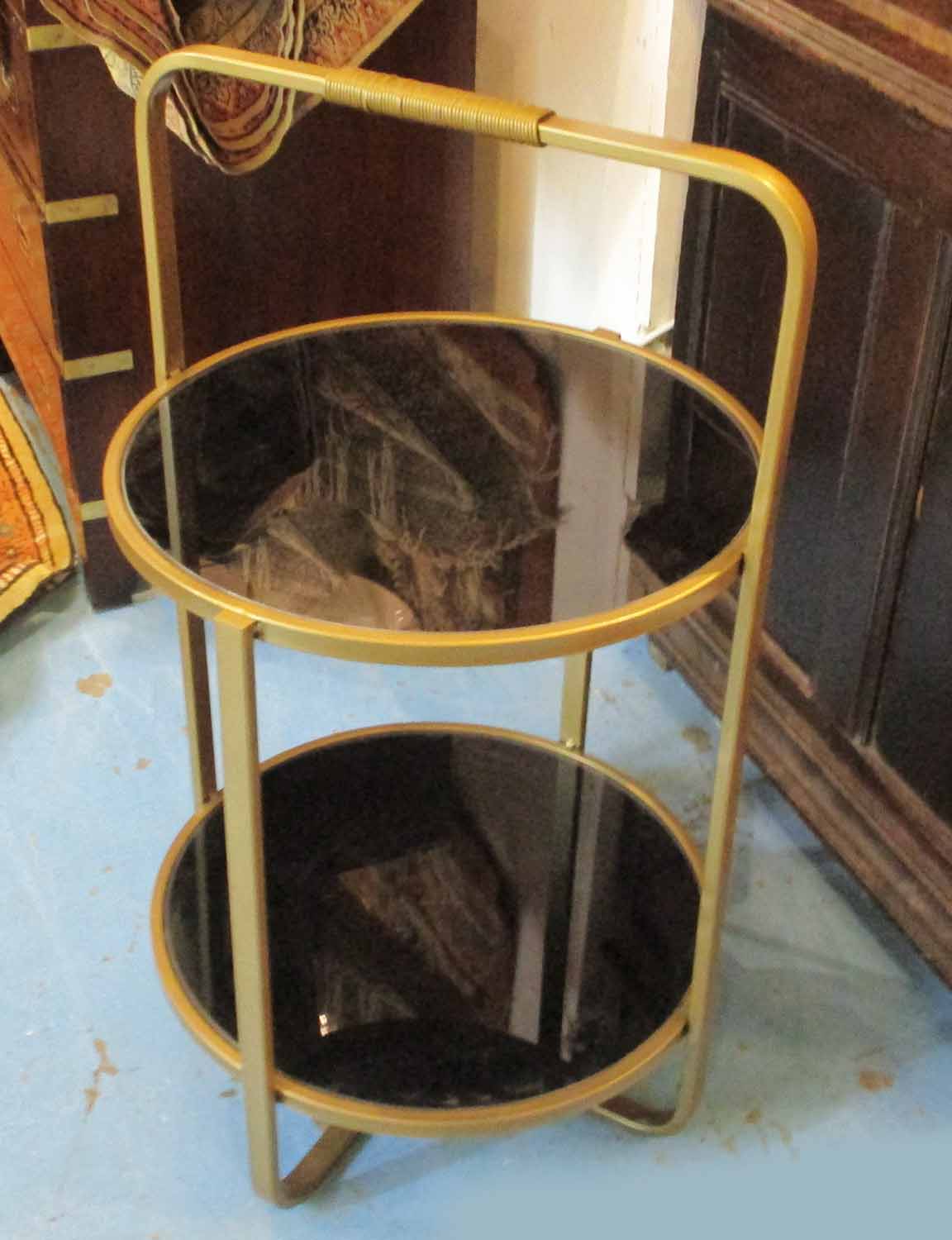 ETAGERES, a pair, gilt metal framed, two tier, each with a circular tempered glass top, - Image 2 of 2