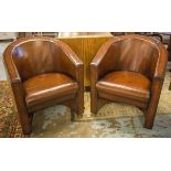 TUB ARMCHAIRS, a pair, stitched hand finished leaf brown leather, each with curved back and arms,