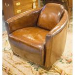 AVIATOR ARMCHAIRS, a pair, vintage Timothy Oulton style, hand finished, leaf brown leather.