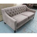 SOFA, two seater, buttoned fabric on square ebonised supports, 169cm L.