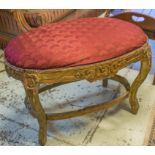 STOOL, Continental giltwood with oval red fabric padded upholstered top on cabriole supports,