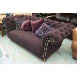 CHESTERFIELD SOFA, two seater, purple fabric, 200cm L and four scatter cushions.