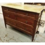 COMMODE, Directoire style mahogany with three long drawers and marble top, 85cm H x 113cm x 44cm.