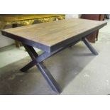 REFECTORY TABLE, with a rectangular wooden top on metal X framed trestle end supports,