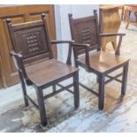 OPEN ARMCHAIRS, a pair, oak each with a carved portcullis designed back, 57cm x 44cm x 93cm H.