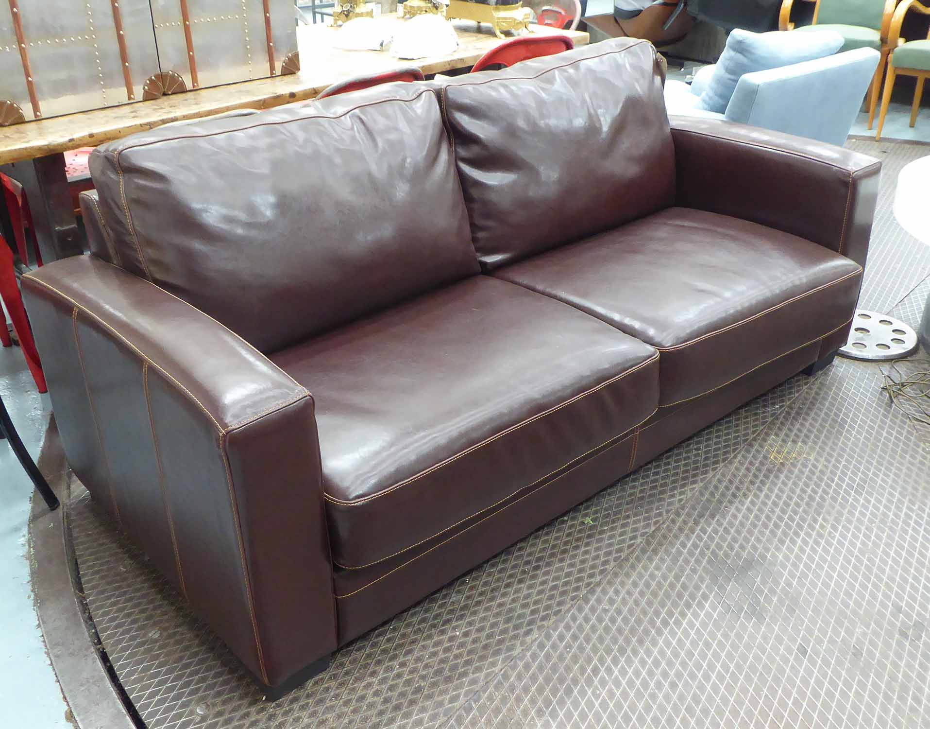 SOFA BED, brown stitched leather.