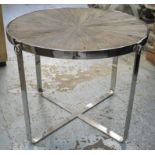 CENTRE TABLE, chrome with circular segment wood top, 79cm H x 97cm D.