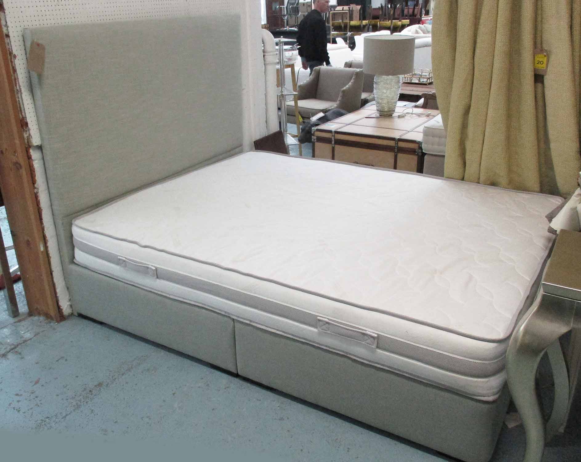 DOUBLE BED, 5ft, in light green fabric with headboard and mattress.