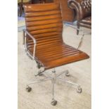 REVOLVING DESK CHAIR, Charles Eames inspired, hand finished, ribbed leaf brown leather,