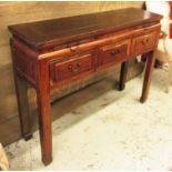 CHINESE SIDE TABLE, early 20th century Ju wood with two shallow and three short drawers,