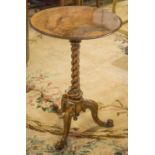 WINE TABLE, Victorian burr walnut, circular with spiral and tripod support, 48cm W x 70cm H.