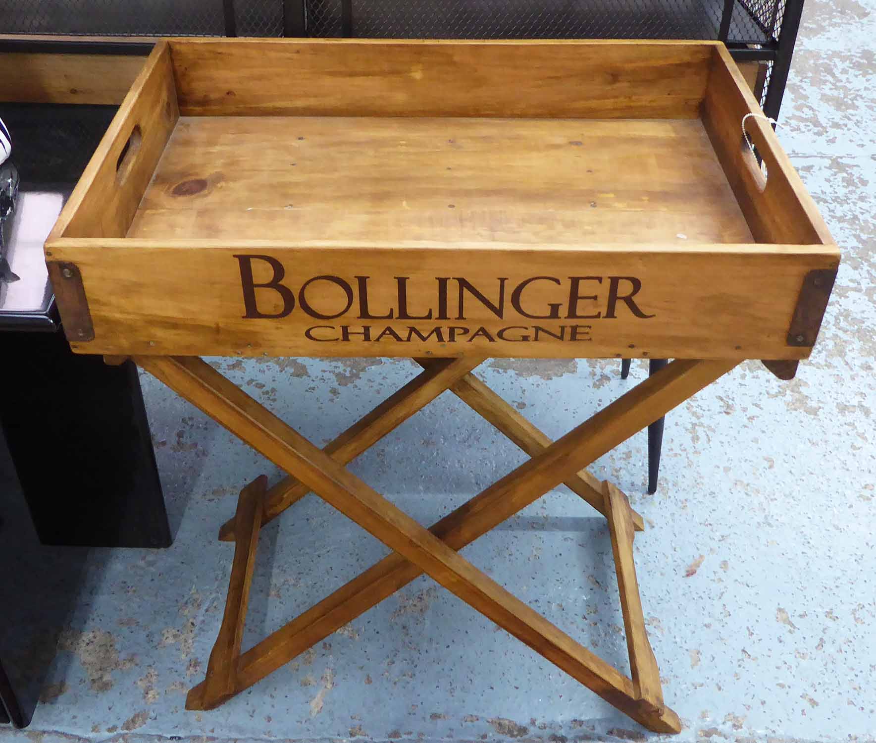 BUTLERS TRAY ON STAND, adorned with famous champagne makers names, 65cm x 45cm x 80cm H.