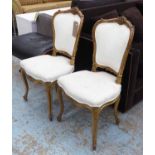 SALON CHAIRS, a pair, late 19th century French giltwood in white suede upholstery, 47cm W.