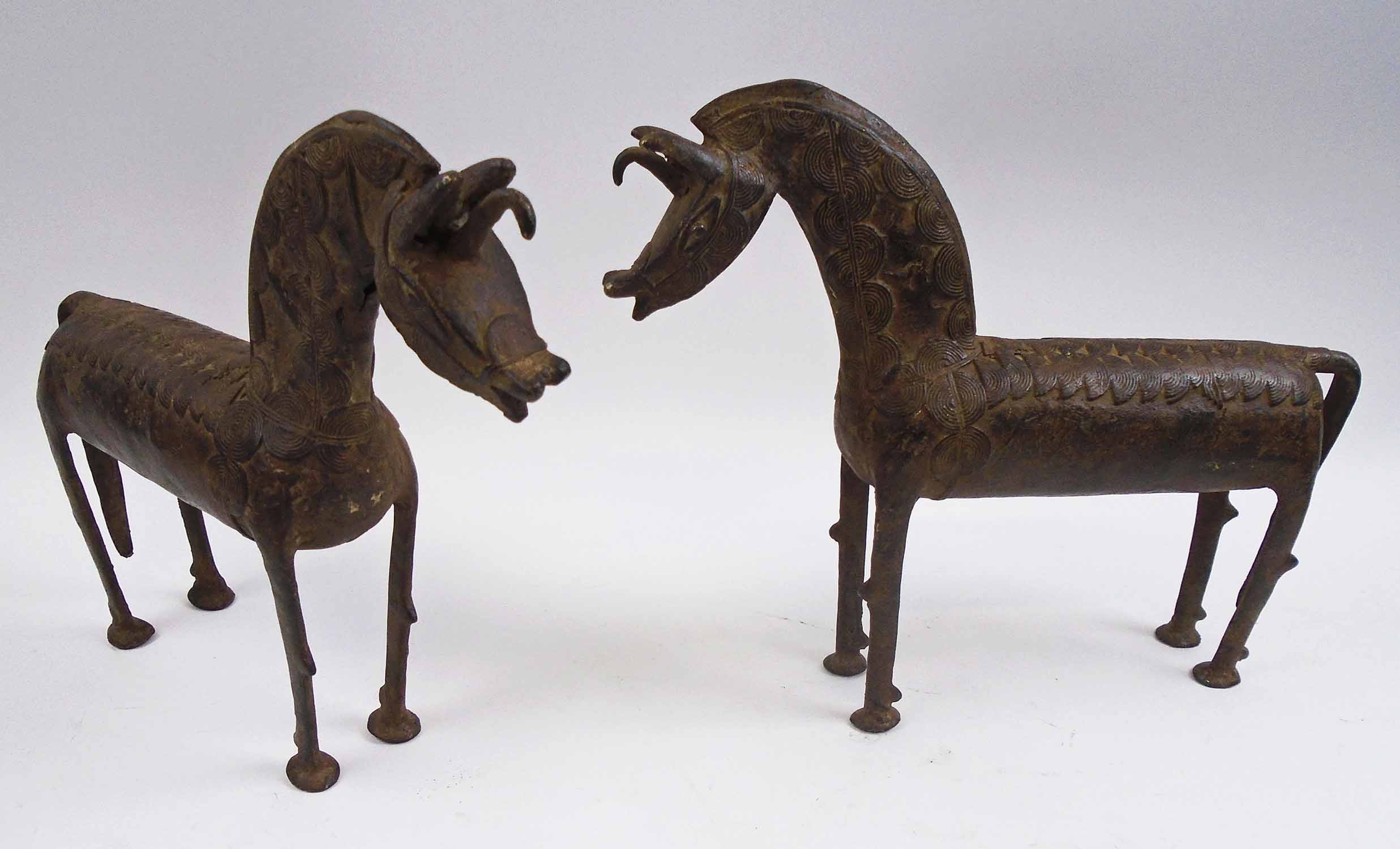 LOBI BRONZE HORSE SCULPTURES, a pair, West African, each approx 31cm L x 27cm H max.