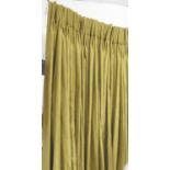 CURTAINS, two pairs, in gold silk fabric, lined and interlined, 140cm gathered x 213cm drop.