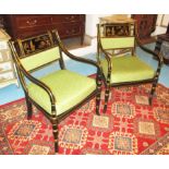 OPEN ARMCHAIRS, a pair, Regency style ebonised and gilt, each with a Chinoiserie decorated back,