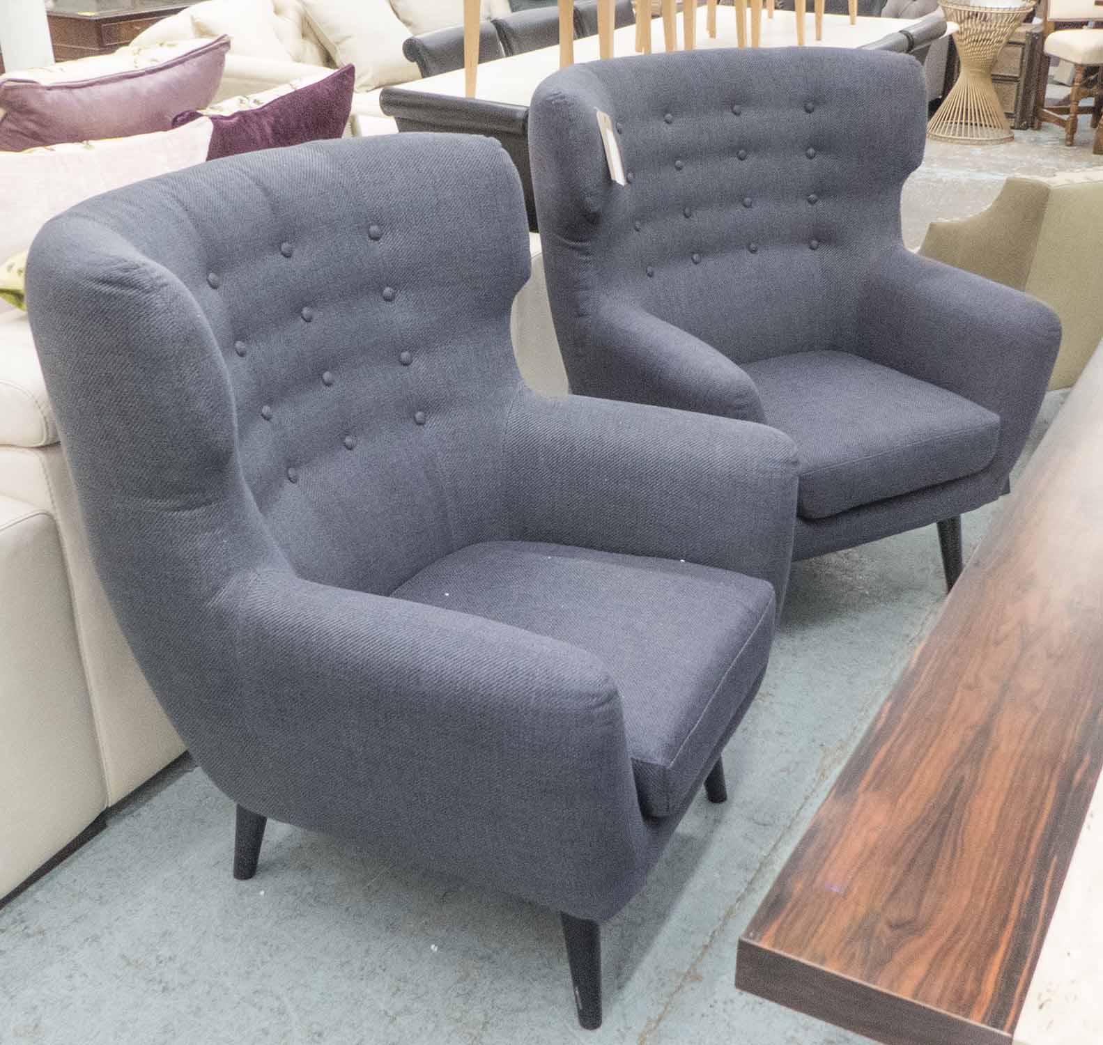 ARMCHAIRS, a pair, in charcoal fabric on turned supports, 83cm W.