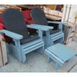 PEPE ADIRONDACK ROCKING CHAIRS AND CLARA TABLE, painted blue, pair of rockers, 82cm W, small table,