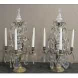 CANDELABRA, a pair, antique gilt metal and glass of four sconces, with hanging pendants,