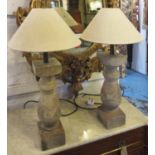 STONE BALUSTRADE TABLE LAMPS, a pair, each with a shade, 69cm H.